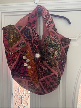 Tylie Malibu Boho Embroidered Patchwork Pink Shoulder Bag Oversize Multi color